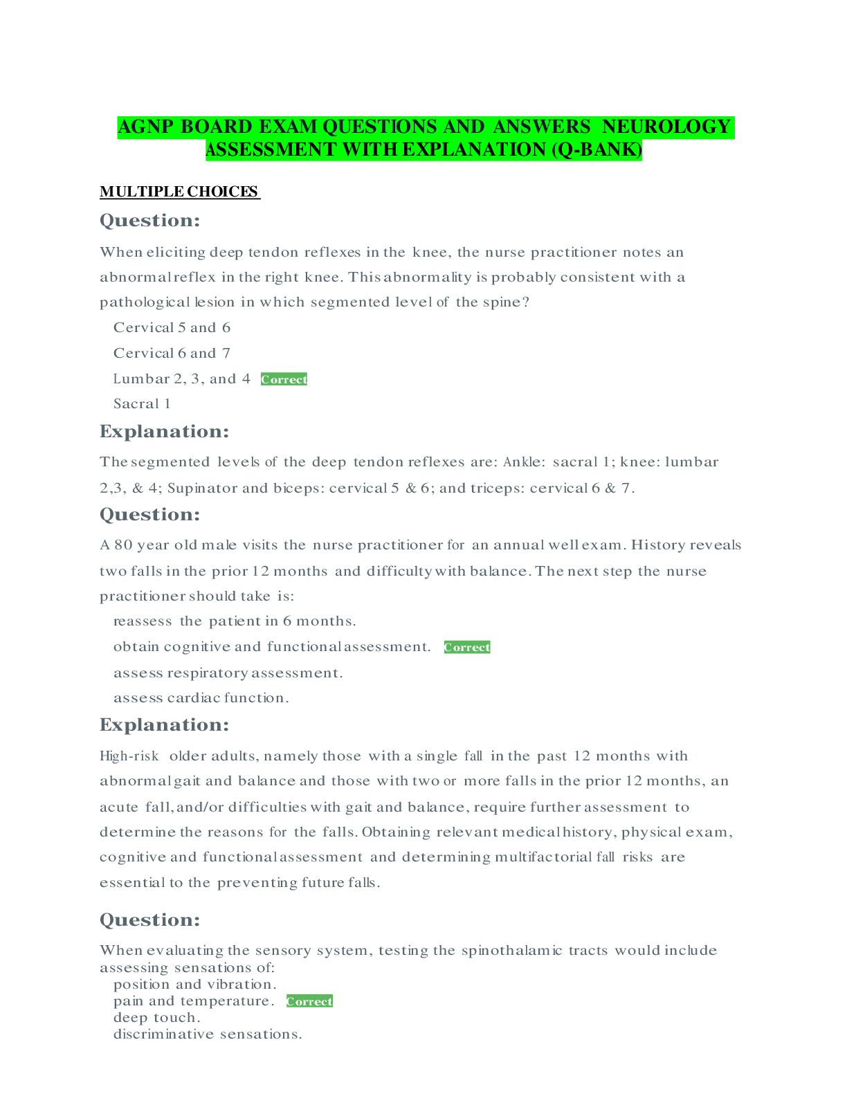 Preview image for AGNP BOARD EXAM QUESTIONS AND ANSWERS NEUROLOGY ASSESSMENT WITH EXPLANATION (Q-BANK)
